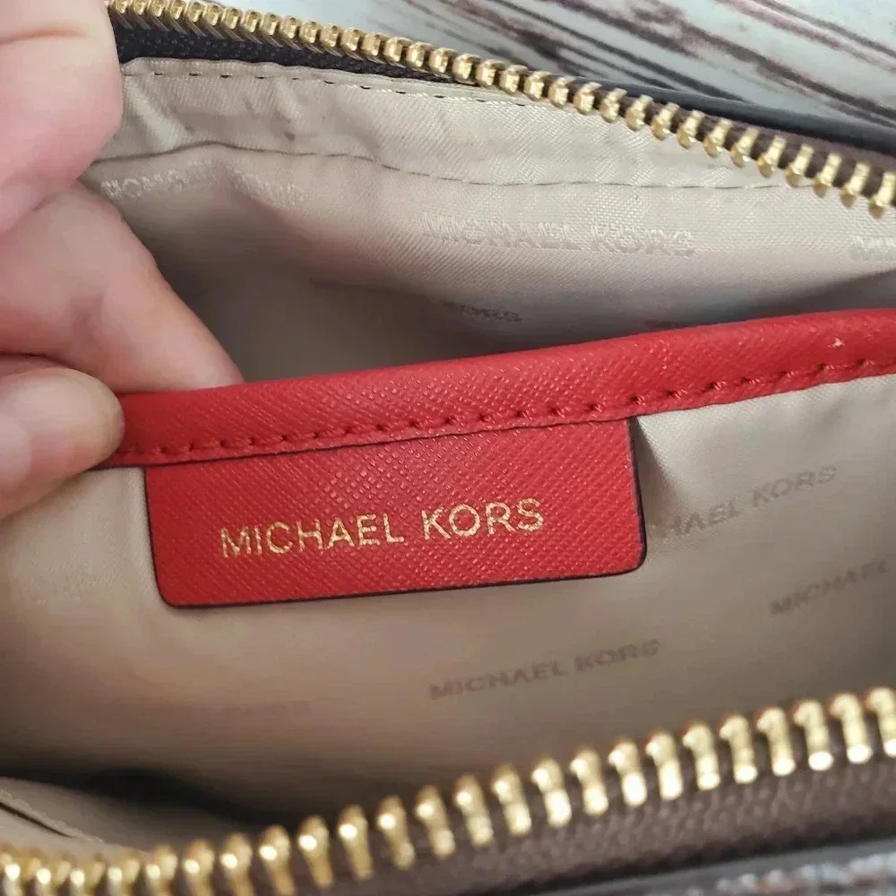 Michael Kors Jet Set East West Signature Brown/Red/Gold Perforated Crossbody Bag